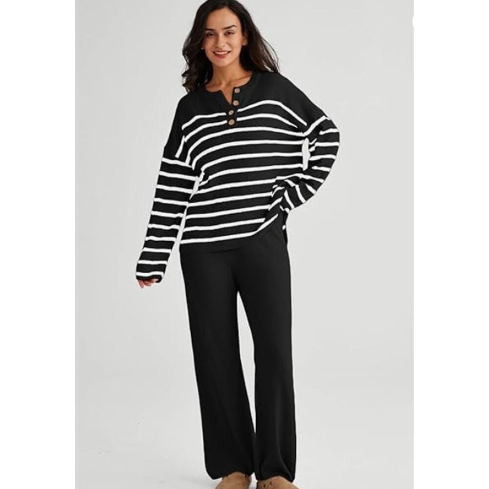 Lillusory Women Oversized Slouchy Striped Sweater Soft Knit Size XL Black White